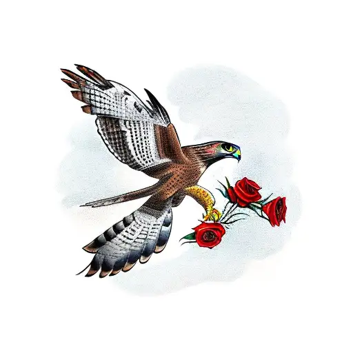 Red Tail Hawk Holding Stem Of Roses With A Clock In The Middle