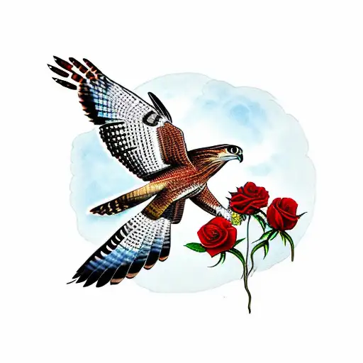 Red Tail Hawk Holding Stem Of Roses With A Clock In The Middle