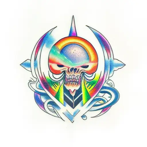 Traditional Style Tattoo Of An Otherworldly Alien Surrounded By A Vibrant Rainbow