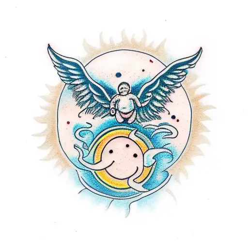 Small Cherub Trio Surrounding A Sun With A Face