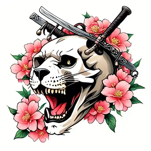 Oriental Panther Skull With Samurai Sword Piercing Thru Top Of Skull And Cherry Blossoms