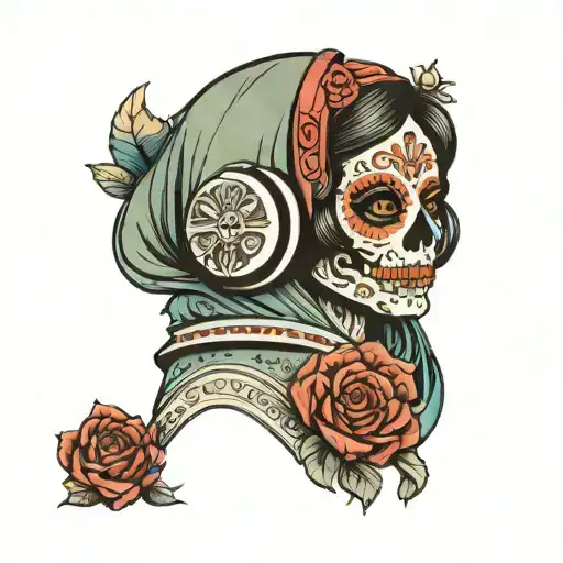 Russian Doll Babushka With Skull Wearing Headphones