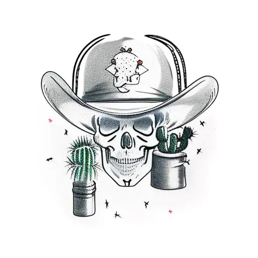 Blind-folded Skull Wearing Cowboy Hat Smoking A Cigarette With Cactuses In Background
