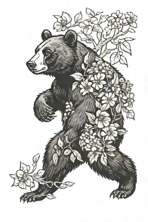 Black Bear Walking Through A Forest Of Flowers In Bloom