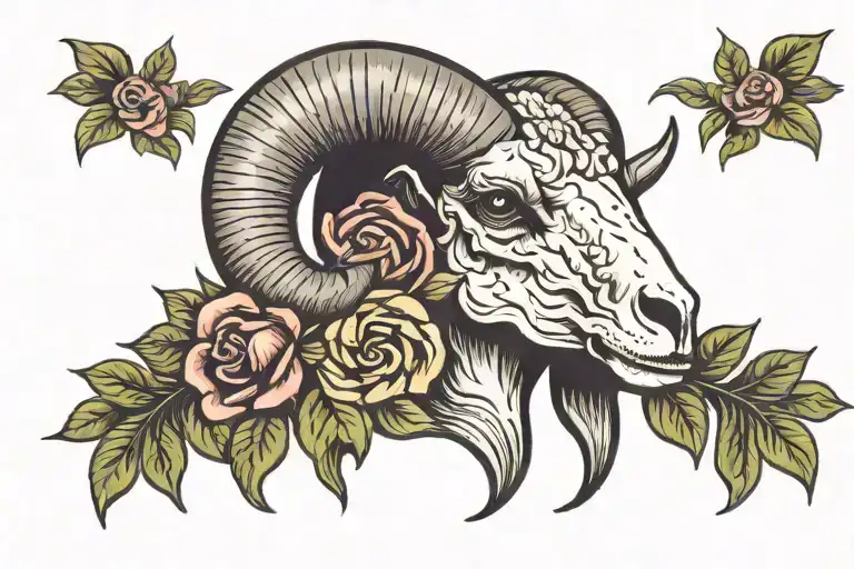 Scary Ram Skull With Flowers