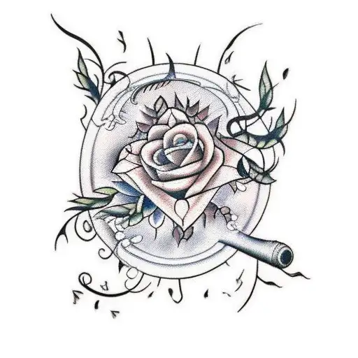 A Traditional Tattoo Of A Paintbrush And Music Notes Intertwined With Forest Vines