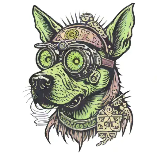 Zombie Dog With Night Vision Goggles Drilled In It Head With A Tarot Card Background