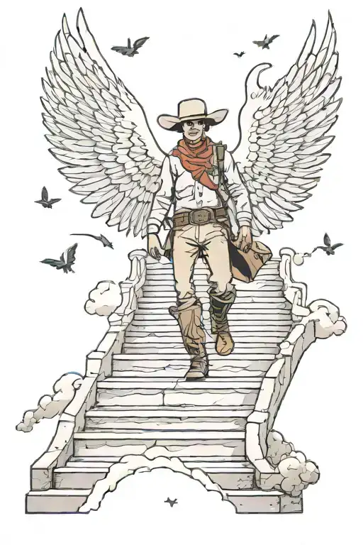 A Cowboy With Angel Wings Walking Up On Stairs To Heaven