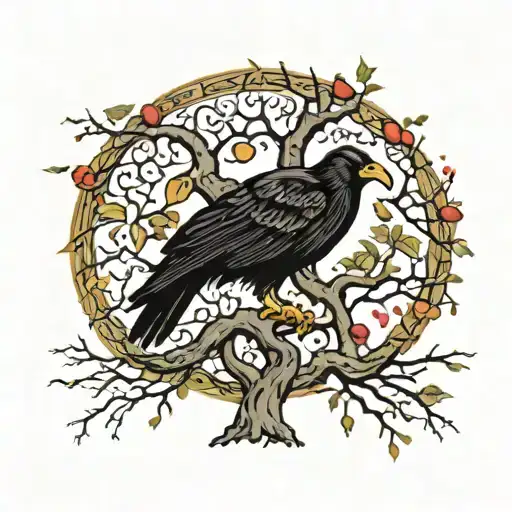 Viking World Tree With Odin's Ravens On The Branches In Color