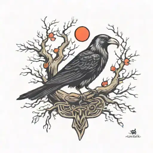 Viking World Tree With Odin's Ravens On The Branches In Color