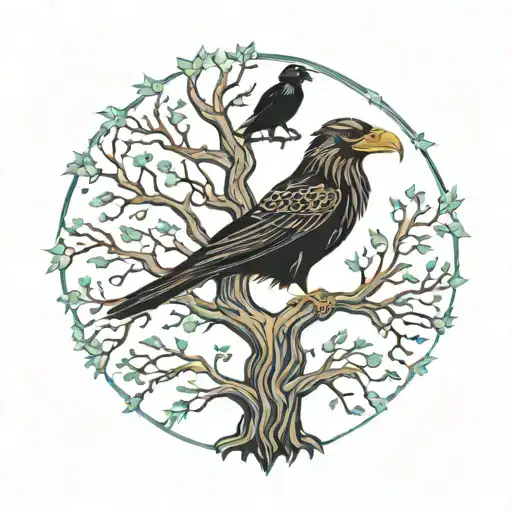 Viking World Tree With Odin's Ravens On The Branches In Color