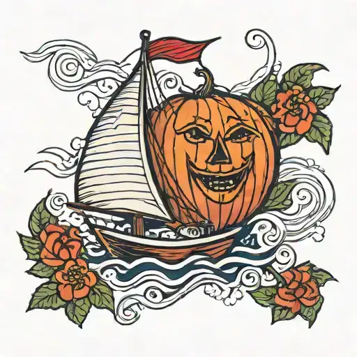 Sailor Jerry Style Tattoo Featuring Sailboat Thats Thaped Like A Pumpkin