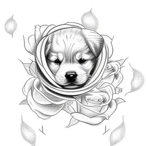 A Drawing Of A Baby Golden Retriever Playing With A White Rose