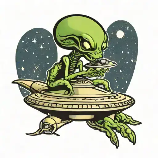 Alien Sitting On A Ufo