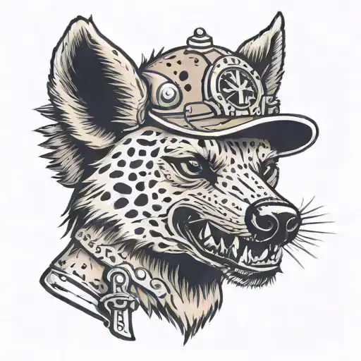 A Hyena With A Military Helmet On His Head And A Knife In His Teeth