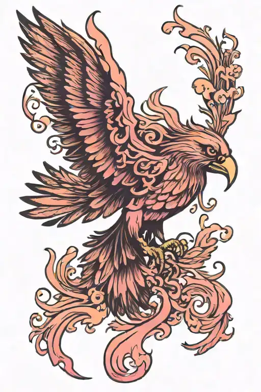 Flaming Phoenix With Outstretched Wings And Touches Of Pink