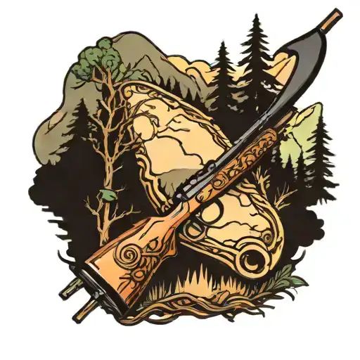 A Traditional Tattoo Of A Hunting Rifle Surrounded By Outdoor Elements Like Trees And Mountains