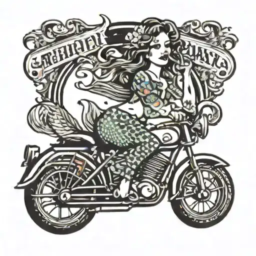 A Traditional Tattoo Of A Mermaid Smoking A Joint While Riding A Motorcycle
