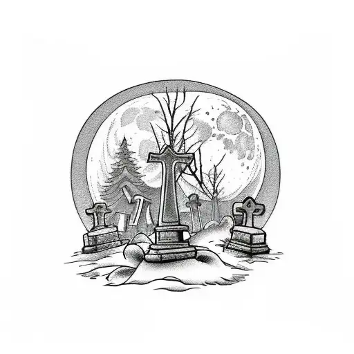 A Detailed Landscape Of A Creepy Graveyard With Tombstones And A Full Moon