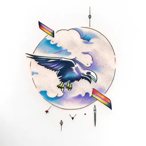 Raven Flying In Sky Outline