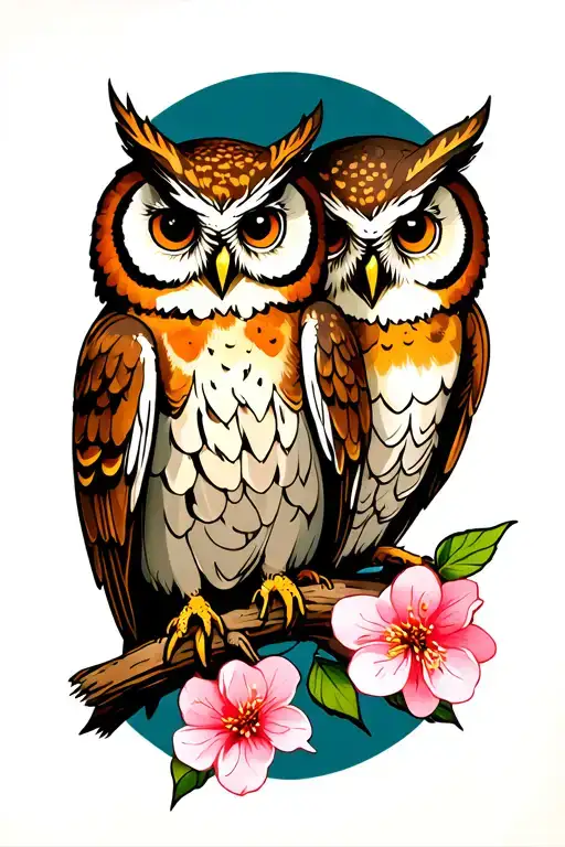 Two Owl And Cherry Blossoms