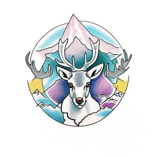 Stag In Front Of Mountain Peak With Six-pointed Star