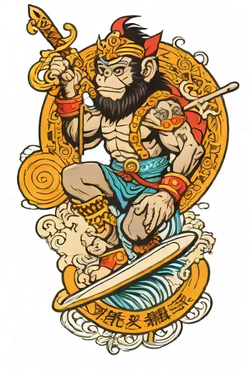 Monkey King Surfing And With Dumbbells And Traditional Chinese Staff Weapon