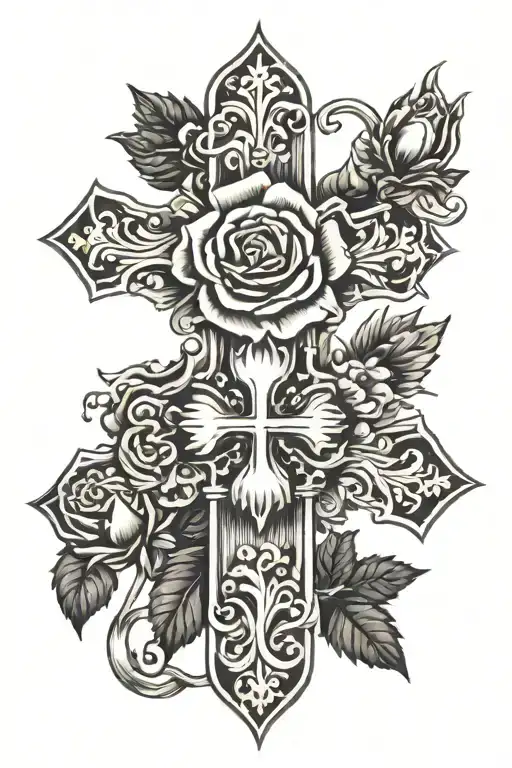 Thin Cross Intertwined With Rose And Aster