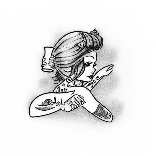 Girl With Red And Black Hair With Tattoos Hlding A Beer