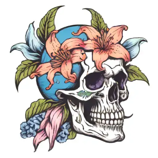 Skull With Three Lilies Blue Pink Purple Flowers