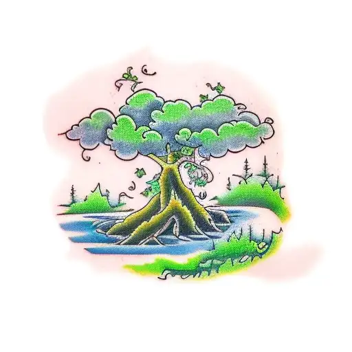 Tree With Green Leaves Beside A Stream