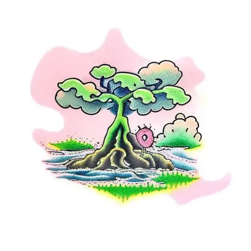 Tree With Green Leaves Beside A Stream In A Desert