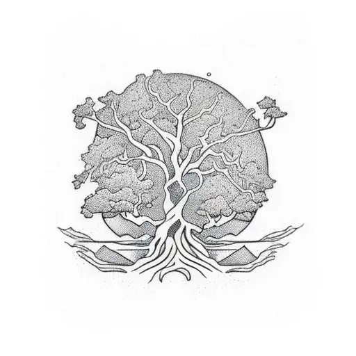 A Majestic Tree Of Life With Roots That Transform Into Flowing Waterfalls