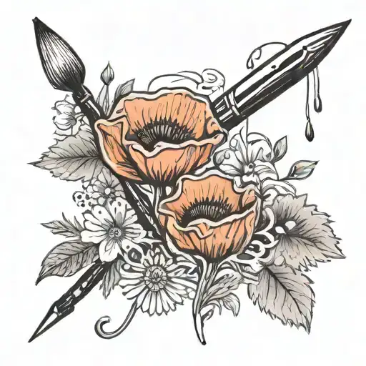 Watercolor Paintbrush In Foreground With Poppy Flower Behind