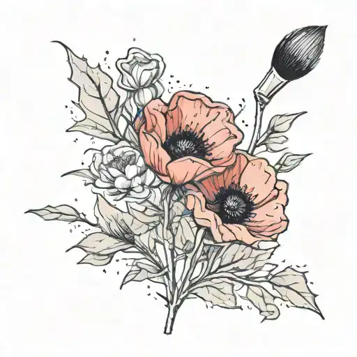 Watercolor Paintbrush In Foreground With Minimalist Poppy Flower Behind