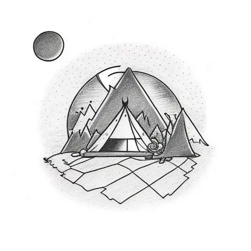 Drawing Of A Minimalist Camp With Campfire And Mountains Inside A Circle