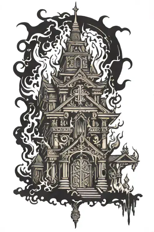 A Divine Temple On Fire With Inverted Crosses And Above It A Devil With A Grin