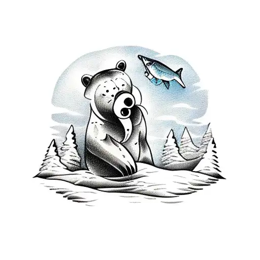 Mountain Landscape With Bear Holding Fish In Mouth