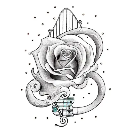 A Stylized Harp Guitar With A Vibrant Rainbow-colored Soundhole In The Shape Of A Rose