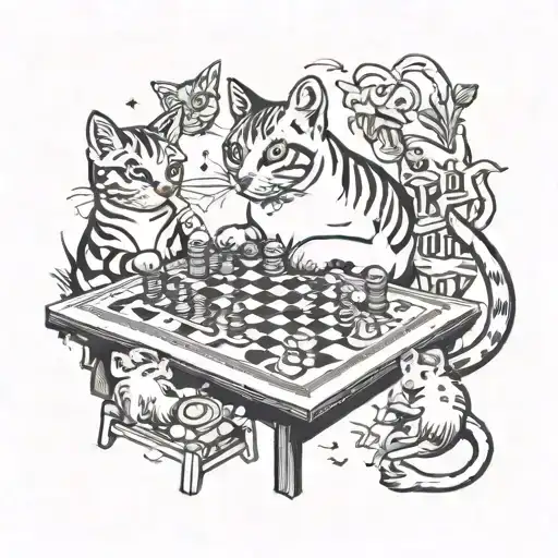 A Traditional Style Tattoo Of A Cat Playing A Pandemic Board Game With A Group Of Other Animals