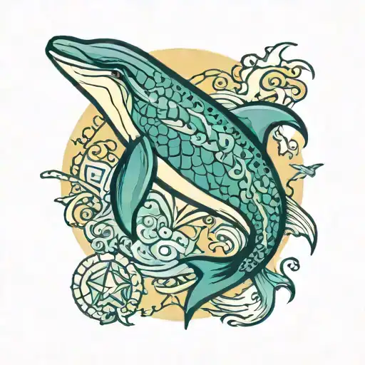 Soothing Blue-green Background Dolphin Fish Sea Turtle With Card Suits Around Starfish In Center