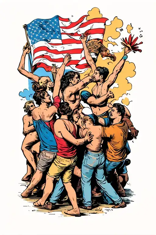 Side View Of Group Of People Rioting At Each Other