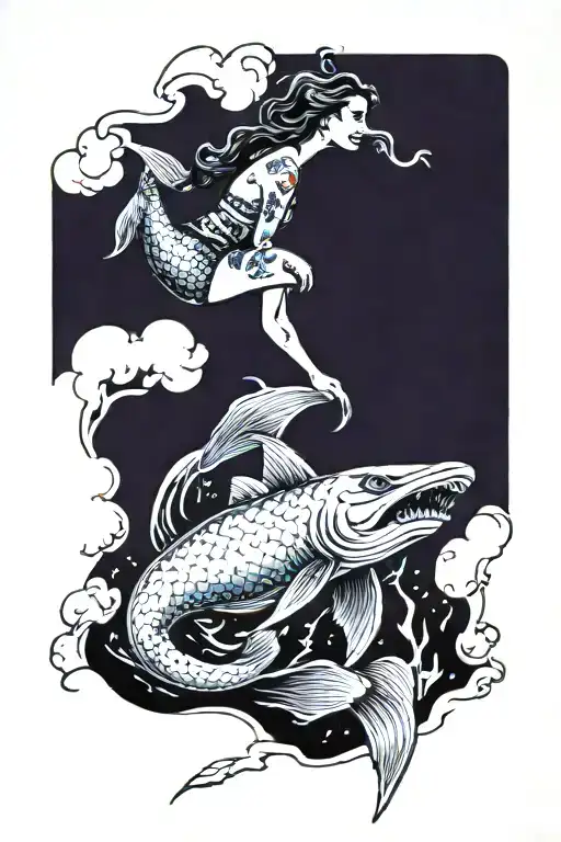 Mermaid Riding Hammerhead Shark
