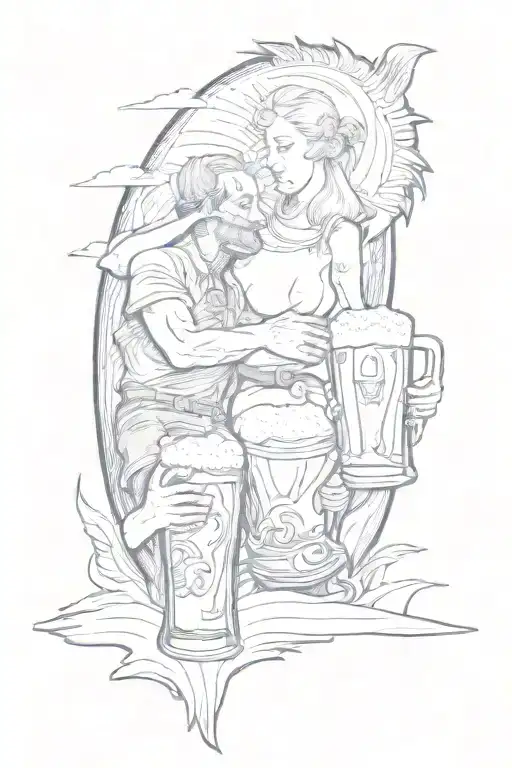 A Sketch Tattoo Of Two People Drinking Beer Together On The Beach