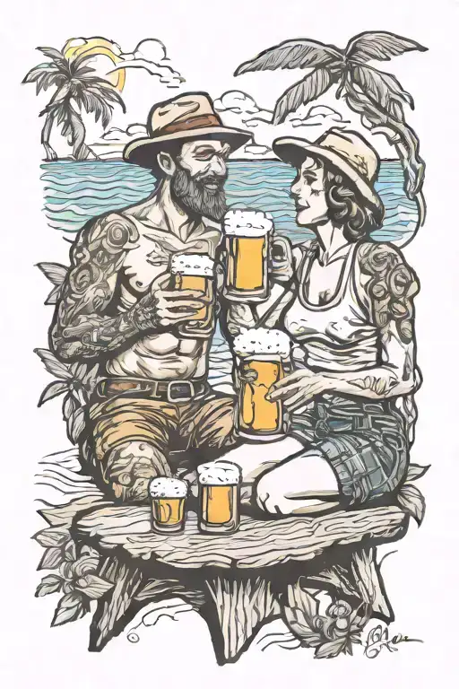 A Sketch Tattoo Of Two People Drinking Beer Together On The Beach