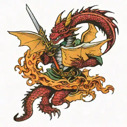 Dragon Holding In One Hand A Sword That Pierces A Book In Other Flame