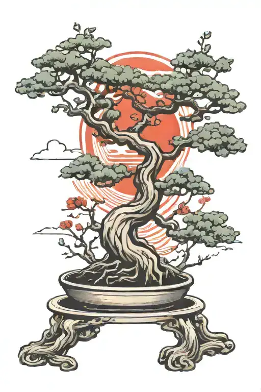Bonsai Tree With Red Sun