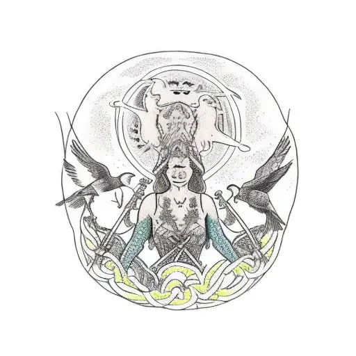 Three Norns In Front Of Yggdrasil With Two Crows Flying Over