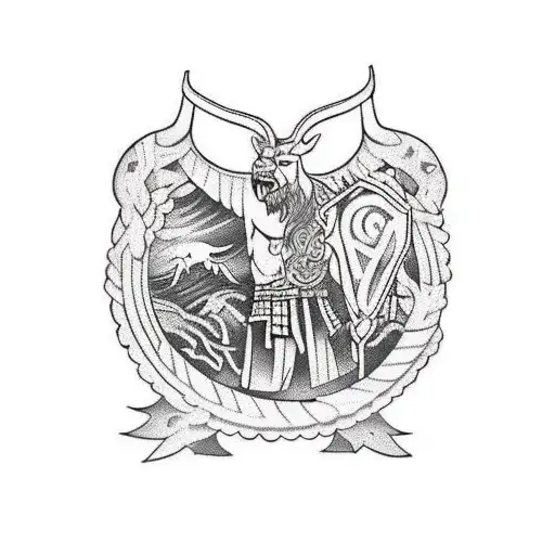 A Hunting Scene With Mythical Creatures In The Style Of Norse Tapestry