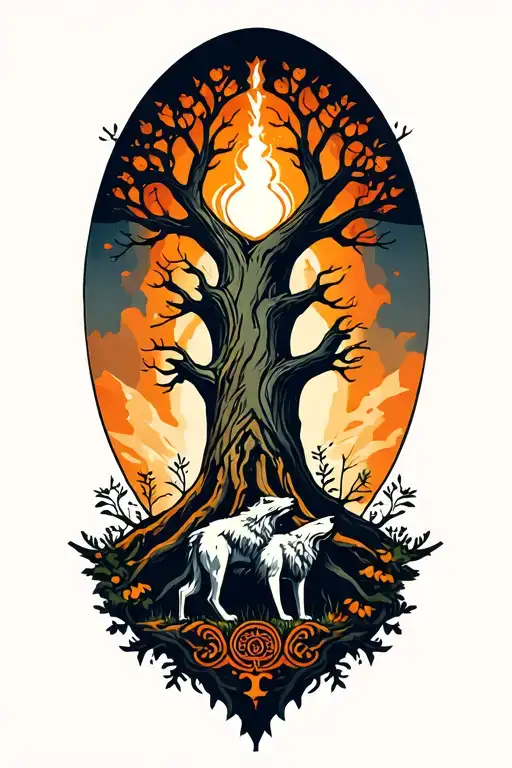 Yggdrasil Tree With Wolfs Howling